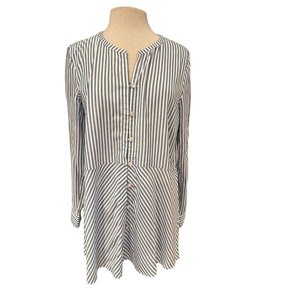 Striped Button-Front Tunic Top By J.Jill Blue & White Long Sleeves Relaxed Fit W - Picture 1 of 10